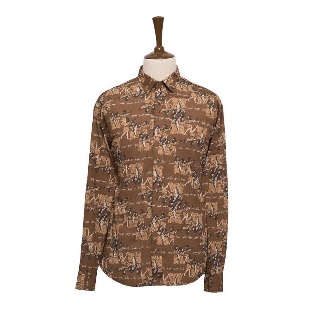 Mens Shirt Button Up Brown Graphic Ethnic Tribal Aztec Navajo Dress Casual XL